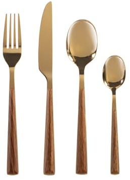 H&H Servizio 24 Posate Tavola Sylva in Acciaio Inox Oro Lucido, Manico in ABS Effetto Legno – 6 Cucchiai, 6 Forchette, 6 Coltelli, 6 Cucchiaini – Lavabili in Lavastoviglie