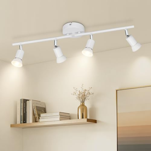 Ketom Plafonnier LED 4 Spots Blanc, Éclairage de Plafond GU10 Moderne, Barre de Spots, Lumiere Plafond Orientable Intérieur pour Cuisine, Chambre, Salon, Couloir, Sans Ampoules
