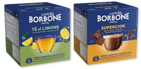 CAFFÉ BORBONE 128 capsules pour machines Dolce Gusto® - Kit assorti : 64 capsules de boisson au goût de chocolat (4 paquets de 16) + 64 capsules de thé au citron (4 paquets de 16)