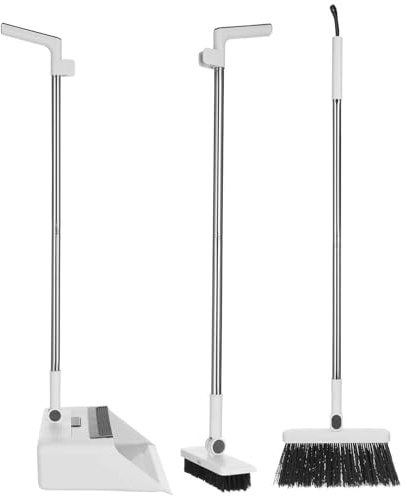 FUOYLOO 3-In-1 Broom and Dustpan Set with Long Handle, White Plastic Material, Includes 4 Broom Sticks and 1 Curved Handle, Indoor and Outdoor Sweeping Cleaning Tool for Home and Garden