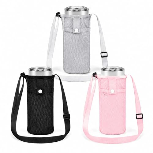Lot de 3 porte-bouteilles en maille avec bandoulière réglable - Pour le sport, le camping, la randonnée, les voyages