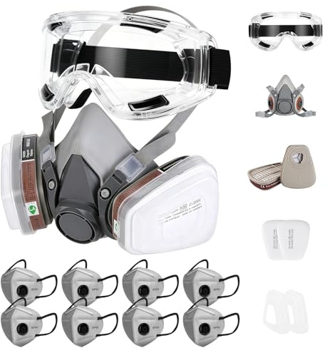 Esoes Face Respirator Mask with Dust Filter Goggles, Including 8 Replacement Masks, Ventilation Reusable Face Cover Set, Breathing Dust Masks for Building Work, Paint, Formaldehyde, Sanding, Polishing