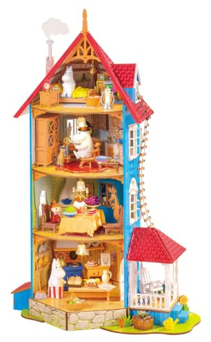 Rolife DIY Miniatura Casa de Muñecas Moominhouse 441 Pzs Madera | Puzzle 3D Madera Oficial Moomin, Casa Moomin 4 Pisos con LED y 4 Figuras, Kit de Manualidades sin Pegamento, Regalo Adultos