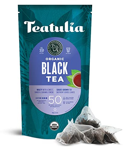 Teatulia Organic Black Tea Bags (50 Pyramid Sachet Teabags) 100% Compostable and Sustainably Grown In Bangladesh. Pure Black Tea Strong English Breakfast