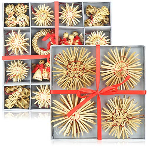 com-four® 68-teiliges Strohsterne Set, Christbaum-Schmuck, Stroh-Anhänger | natürlicher Christbaum-Behang - Weihnachtsdekoration