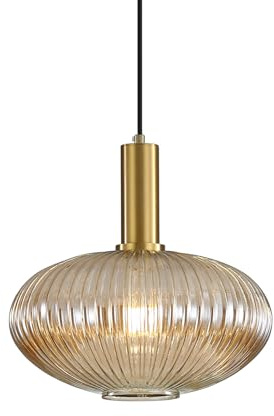 HJXDtech Moderne Vintage Glas Lampenschirm Hängeleuchten & Pendelleuchten, E27 Gold Lampenfassung, Hängelampe einflammig für Küche, Esstisch, Schlafzimmer und Wohnzimmer (Bernstein, 30cm)