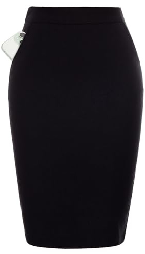 Kate Kasin Women Solid Color Split Stretchy Bodycon Knee Length Pencil Skirt with Pockets (Black, Large)