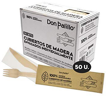 DON PALILLO- 50 Sets de cubiertos de madera desechable enfundados en papel kraft. Cada set contiene 1 tenedor + 1 cuchillo + 1 servilleta de papel