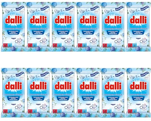 dalli Trockner-Tücher I für ca. 300 Trocknungsvorgänge | Jahresvorrat 12 x 25 Tücher (300 Tücher) I macht die Wäsche flauschig weich und bügelleichter