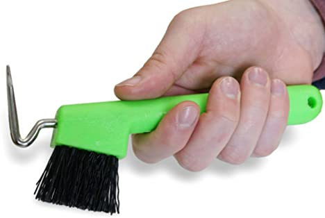 Grattoir pour chevaux, ânes, chèvres, sabots avec brosse extra stable et poignée ergonomique (vert fluo (2X))