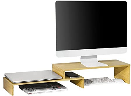 SoBuy BBF07-N Design Monitorerhöhung für 2 Monitore Monitorständer Bildschirmständer Notebookständer Schreibtischaufsatz breitenverstellbar Bambus BHT ca.: 52-104x15x22cm