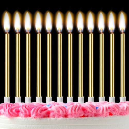 Gold Birthday Candles for Cakes,12 Pieces Metallic Glitter Cake Candles Tall Birthday Cake Candles with Holder for Birthday Wedding Party Decoration (Gold)