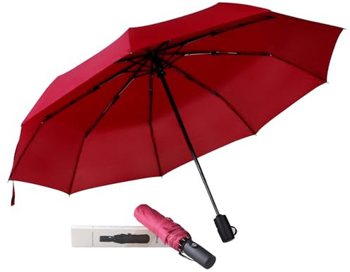 AMVUZ Regenschirm Sturmfest Reise Winddichte Auf-Zu-Automatik Taschenschirm,210T Teflon-Beschichtung Schirm (Rot)