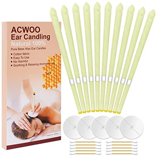 ACWOO Ear Candles, 10 Pcs Natural Beeswax Ear Candles, 100% Non-Toxic Cylinders Fragrance Hollow Candles, Ear Wax Remover Candle Kit for Blocked Ears (Beige-1OP)