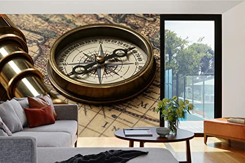 Vlies Fototapete ALTE KARTE UND KOMPASS 375 x 250 cm (inkl. Kleister) - Vlies Tapete, Wandtapete, Wandbilder - Tapete für Wohnzimmer Schlafzimmer, Büro, Küche - Montagefertig