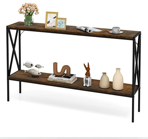 COSTWAY Consolle in Legno e Metallo, Tavolo da Divano a 2 Livelli con Design a X, da Ingresso Stretto e Moderno per Corridoio e Salotto, 120 x 23 x 74 cm (Marrone)