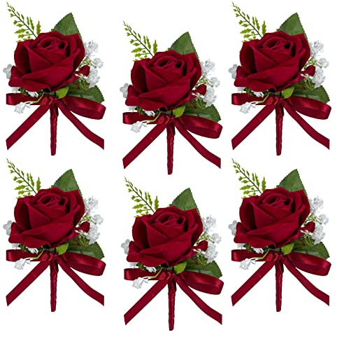 CherishedMoments Red Rose Boutonniere for Men Wedding Set of 6, Groom and Best Man Boutonniere Artificial Flowers for Wedding Ceremony Anniversary, Parties, Proms
