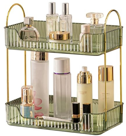 CESTATIVO Bathroom Organizer Countertop, Vanity Trays for Bathroom, Skincare Makeup Shelf, Organizer, Counter Shelf Cosmetics, Toiletries, Lotions, Perfumes (2 Tiers, Green)