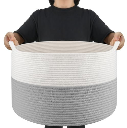 Maliton Aufbewahrungskorb groß für Wohnzimmer, Wäschekorb Geflochten aus Baumwollseil,Spielzeug Korb mit Griffen,Korb für Decken,Kissen,Kuscheltiere,Kleidung,50x33 cm,WeißGrau