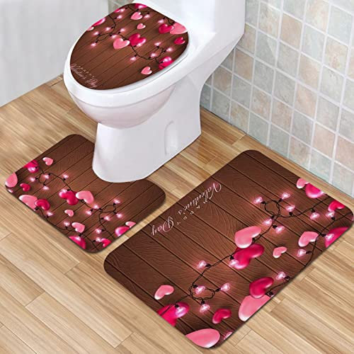IUBBKI Badematte, Badezimmer Anti-Rutsch-Matte, rosa Herzen auf braunem Holz, Badematten-Set, 3-teilig, saugfähig, rutschfest, Badematte, WC-Vorleger, Badteppich für Badezimmer, Schlafzimmer, Küche