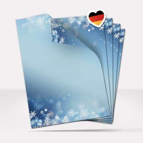 Weihnachtspapier A4 | Weihnachtsbriefpapier beidseitig bedruckt, 50 Blatt | Premium Briefpapier Weihnachten Schneeflocken Blau | weihnachtliches Motivpapier Schreibpapier Druckerpapier 90 g/qm edel