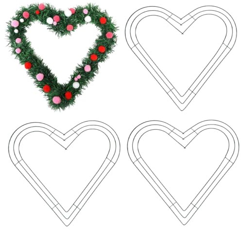 3Pcs Green Christmas Heart Shape Wire Wreath Form, 12 Inch Heart Metal Wire Wreath Frame, Wedding Garland, Holiday Wreaths for Christmas Day, Wedding Party, Christmas Door/Wall Decor DIY Crafts