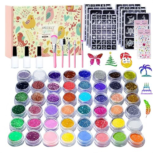 Stutfree 48 Farben Glitzer Tattoo Set Kinder, Temporäre Glitzertattoos Mädchen, Glitzer Tattoo Set Mädchen, Tattoo Kinder Glitzer Make Up Kit für Karneval Geburtstag Partys Geschenk
