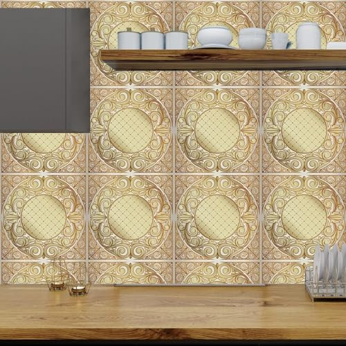 Papier peint à décoller et à coller baroque jaune doré, carreaux muraux auto-adhésifs en vinyle imperméables, carreaux résistants à l'huile, autocollants de carreaux de cuisine et de salle de bains (