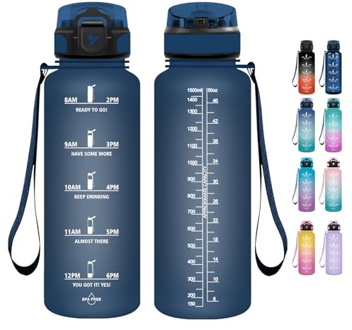 Grsta Flaska - 1 500 ml - sportflaska, BPA-fri, motiverande flaska med sugrör, vattenflaska med tidsmarkör för vandring, skola, kontor, utomhus - marinblå