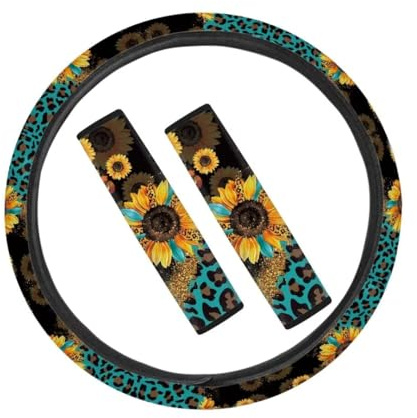 Coldinair Coprivolante universale per auto con stampa leopardata e cuscinetti per cinture di sicurezza e spalline, adatti alla maggior parte delle auto, camion e SUV, set da 3 pezzi di accessori