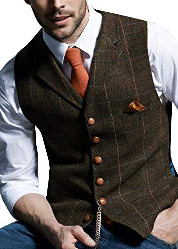 Aesido Herren Weste Anzugweste Slim Fit Kariert Wolle Tweed Weste Kragenweste Westen Smoking Frack Business Hochzeit(Kaffee,l)