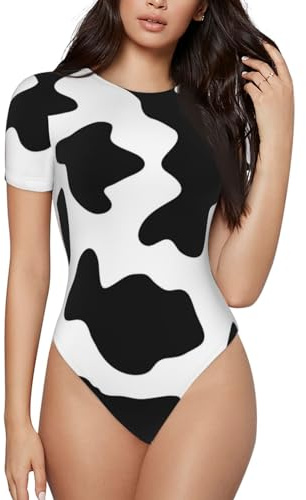DIMDTBMT Damen-Bodys, kurzärmeliger Einteiler, schwarz-weißer Kuh-Druck, lässiger Body, Stretch-Trikot, modisch, bequem, Strand-Bodys, schmale Passform, Schwarz , 46