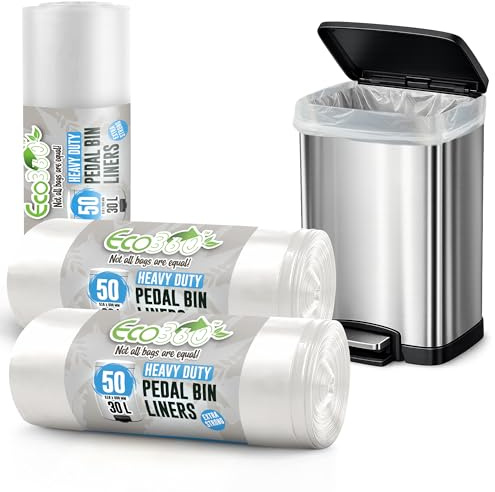 EcoBag - 150 Pack Heavy Duty White Bin Liners - 30L - 15 Microns - Extra Strong, Leak-Proof, Tear-Resistant Bags for Pedal Bins, Kitchen, Home & Office (510x600mm)