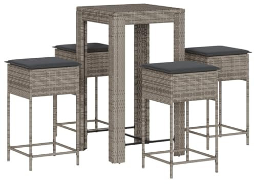 vidaXL Gartenbar Set 5-TLG., Gartenmöbel mit Kissen, Bartisch Stehtisch Barhocker Barstuhl, Theke Bar Tresen Gartentheke Sitzgruppe, Grau Poly Rattan
