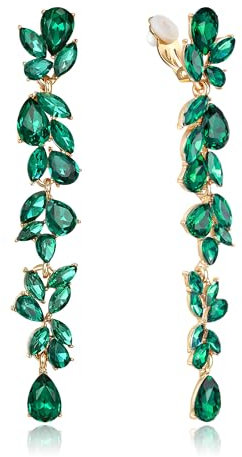 EVER FAITH Strass Kristall Ohrclips Kronleuchter Clip-on Ohrringe für Damen Braut, Art Deco Marquise Teardrop Braut lange baumeln Tropfen für Prom Grün Gold-Tone