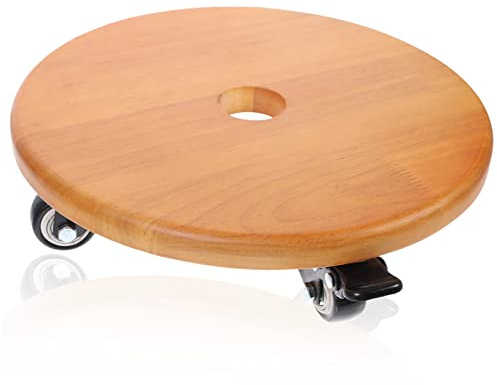 CAXUSD Support à Plantes en Bois Rond Mobile pour Intérieur avec roulettes Multidirectionnelles TPE Ø28 Cm, Panier Surélevé Anti-débordement pour Pots De Fleurs, Chariot Pratique Décoratif