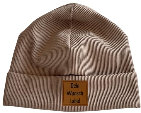 Handmade Herbst Winter Beanie Mütze für Kinder aus Rippjersey Kindermütze mit Kunstleder Label 23 Farben Mädchen Junge Baby Kleinkind personalisiert Babymütze Weihnachtsgeschenk