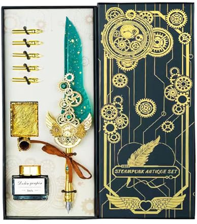 Quill Feder Stift und Tinte Set, Kalligraphie Set, Kalligraphie Kits beinhalten antike Quill Feder Stift, 5Federn, 1 Flaschen Tinten, Stifthalter für Anfänger Geburtstagsgeschenk (Europäisches Grün)