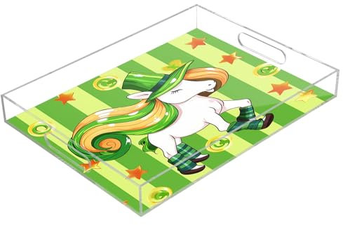 St. Patrick's Day Unicorn Acrylic Serving Trays, Clear Rectangular Tray with Handles Serving Platter for Coffee Table Kitchen Bathroom