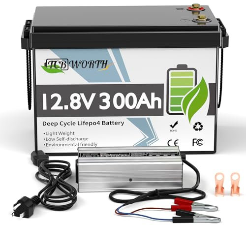 TCBWORTH LiFePO4 300Ah 12.8V Batterie, lithium akku 200A BMS mit 20A-Ladegerät, 4000+ Zyklen Deep Cycle, Perfekter Ersatz für Blei-Säure Batterien für wohnmobil, Camping, Solar Home Systeme, Boot