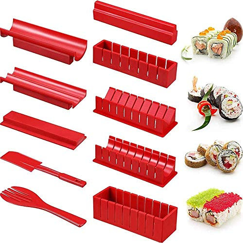 YXUANYZNB Kit de fabricación de sushi para principiantes, 10 piezas de plástico para hacer sushi, herramienta completa con 8 moldes para rollo de arroz, tenedor, espátula, herramienta de sushi para el