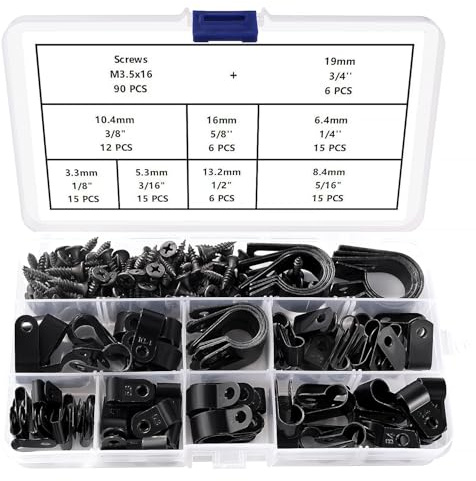 VooGenzek 90 Stücke 8 Größen Nylon R/U-Type Kabelhalter Kit, Cable Clip Drahtklemme mit 90 Stück Schrauben, für Drahtmanagement (Schwarz)