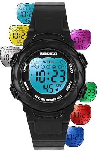 SOCICO Kids Digital Watches for Girls Boys, 7 Color Lights Waterproof Sport Outdoor Wristwatch with Stopwatch, Alarm, Date, Great Gift for Child Ages 5-12 (Black)