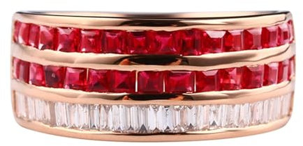 Skcess 18 Karat Gelbgold Promise Ring Rot Rubin Quadrat, Verlobungsring Damen Bohrreihe mit 1,50 Karat Rotem Rubin und Diamant Ringe Frauen Größe 60 (19.1)