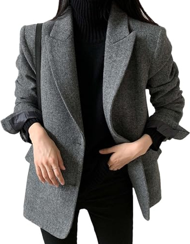 SOMTHRON Women's Herringbone Wool Blend Coat Single Breasted Long Sleeve Fall Winter Work Business Blazer Jacket GY-XL