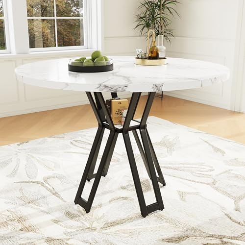 Wiuzo Runder Esstisch (100 x 100 x 76 cm), Leichter und luxuriöser runder Tisch für 4-6 Personen, geeignet für Esszimmer und Wohnzimmer, Schwarze Beine, marmorierte MDF Tischplatte