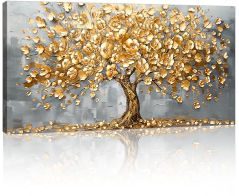 Goldene Blühend Blume Baum Groß Mit Rahmen Leinwandbilder Bilder, Esche-gold Metallisch Glück Baum bild auf Leinwand Wandkunst Wandbilder Kunstdruck Gemälde Deko für Wohnzimmer Schlafzimmer 100×50cm
