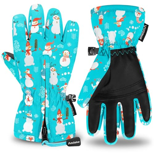 Andake skidhandskar för barn, vinterskidhandskar, vindtäta, vattentäta, varma, utomhussporthandskar, för pojkar och flickor (Pearl Snowman Print-2–4 år: XXXS)