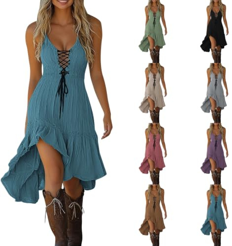 Women's Vintage Sleeveless Midi Dress Sexy Lace-Up Deep V Neck Dresses Distressed Pleated Sundresses Asymmetrical Hem High Low Dress Summer Cowgirl Casual Loose Flowy Dresses Halloween Costume