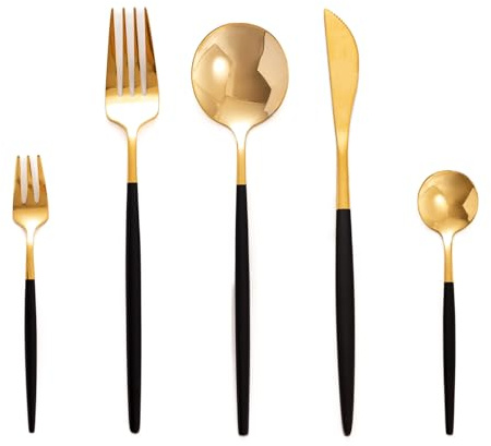 SWISON Set di posate nero e oro per 12 persone, in acciaio inox 60 pezzi con coltello forchetta cucchiaio, Design leggero